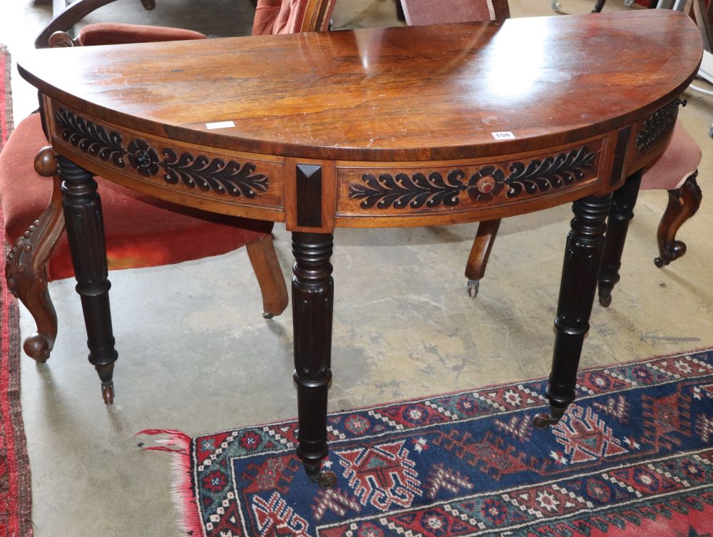 A William IV rosewood D shaped side table, W.130cm, D.52cm, H.72cm